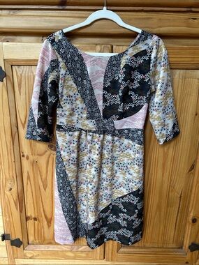 Nom Black Gold Pink Floral Patchwork Print Rayon Dress Short Sleeve Boho